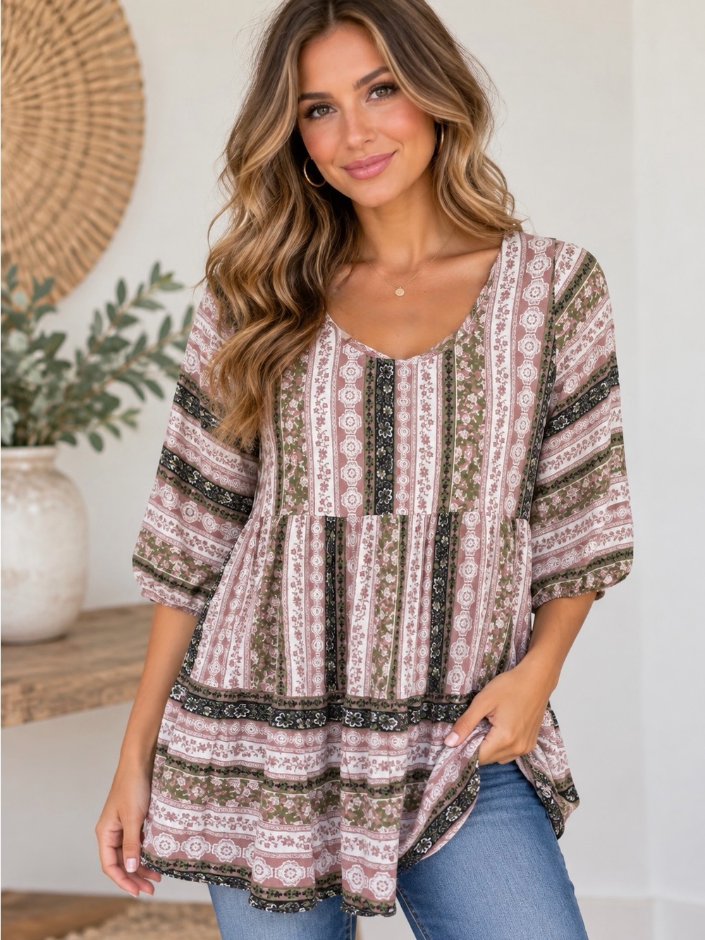 Umgee Floral Paisley Mixed Print Crisscross Back Tunic Top